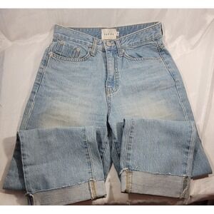 Yuppe Women's Cuffed Raw Hem High Rise Crop Jeans - Light Wash - Small